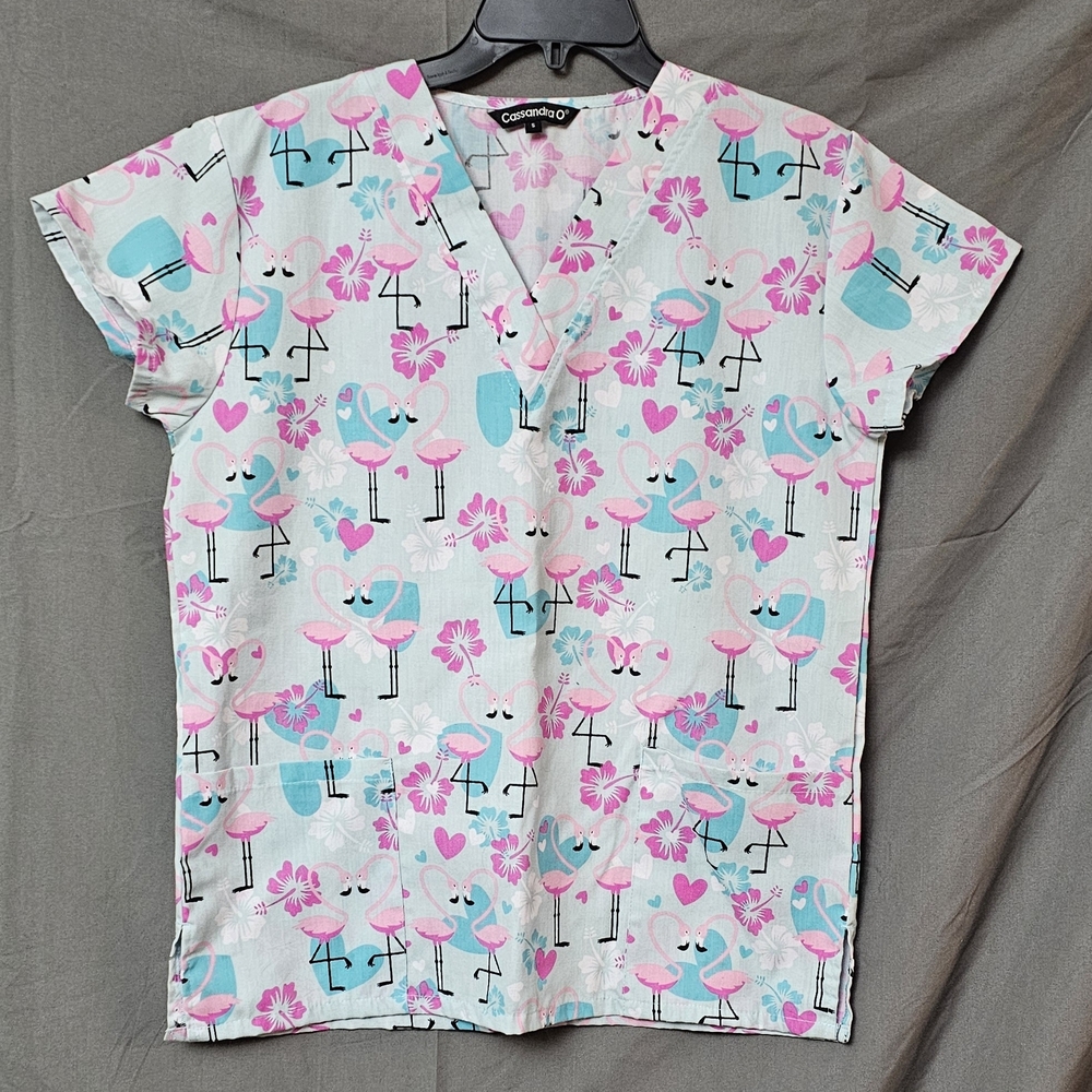 Cassandra O Floral Flamingo Scrub Top